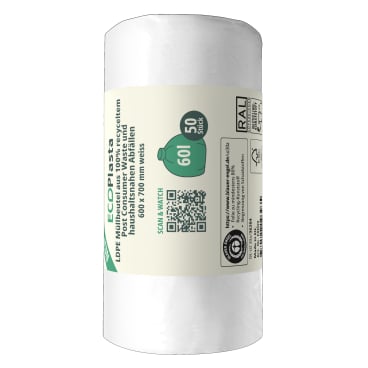 ECOPlasta Müllbeutel 60 L, weiß, 14 my 1 Rolle = 50 Stück - Bild-Darstellung des Produktes 1