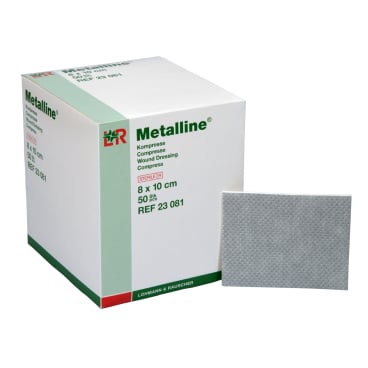 Metalline® Kompressen, aluminiumbeschichtet, steril 1 Packung = 50 Stück, im Spenderkarton, Maße: 8 x 10 cm - Bild-Darstellung des Produktes 1