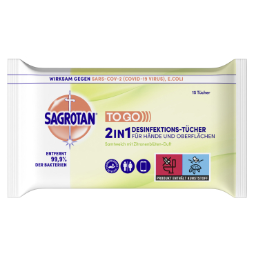 Sagrotan Desinfektionstücher To-Go 2in1, für Hand und Oberflächen 15 Tücher - Packung, Zitronenblüte - Bild-Darstellung des Produktes 1