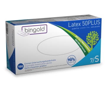 BINGOLD Latex 50PLUS Einweghandschuhe, natur 1 Packung = 100 Stück, Größe S - Bild-Darstellung des Produktes 1