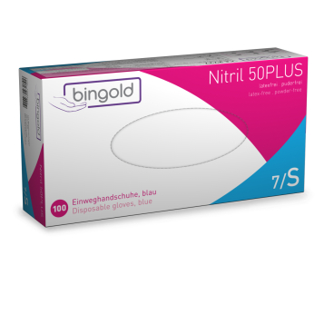 BINGOLD Nitril 50PLUS Einweghandschuh, blau 1 Karton = 10 Packungen à 100 Stück, Größe S - Bild-Darstellung des Produktes 1
