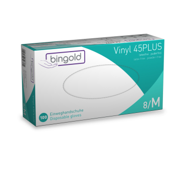 BINGOLD Vinyl 45PLUS Einweghandschuhe, transparent 1 Packung = 100 Stück, Größe M - Bild-Darstellung des Produktes 1