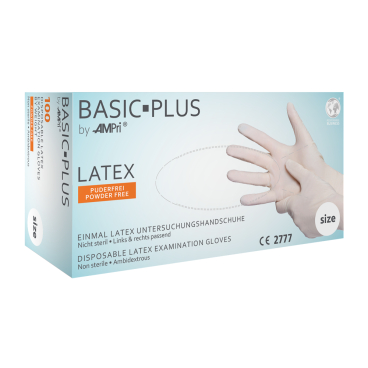 BASIC-PLUS Latexhandschuhe, puderfrei, weiß 1 Karton = 10 Packungen à 100 Stück, Größe M - Bild-Darstellung des Produktes 1