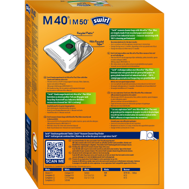 Swirl® M 40 MicroPor® Plus Staubsaugerbeutel, reißfest – 1 Packung = 4 Stück + 1 Filter