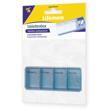 Lifemed® Tablettenbox rechteckig, Maße: 1,6 cm x 10,8 cm x 4,3 cm Aufschrift: Morgens, Mittags, Abends, Nachts - Bild-Darstellung des Produktes 1