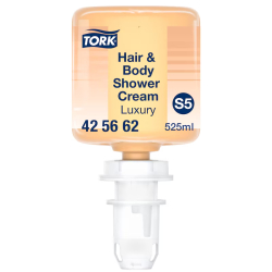 Essity Professional Hygiene Germany GmbH Tork luxuriöse Hair and Body Mini Duschcreme, S5 System, Feuchtigkeitsspendendes 3-in-1-Shampoo, Spülung und Dusche reinigt und pflegt, 525 ml - Flasche 425662