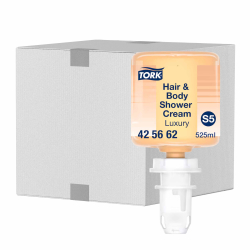 Essity Professional Hygiene Germany GmbH Tork luxuriöse Hair and Body Mini Duschcreme, S5 System, Feuchtigkeitsspendendes 3-in-1-Shampoo, Spülung und Dusche reinigt und pflegt, 1 Karton = 8 Flaschen à 525 ml 425662