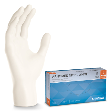 ARNOMED Nitril White Einmalhandschuhe, puderfrei, weiß 1 Karton = 10 Packungen à 100 Stück, Größe L - Bild-Darstellung des Produktes 1