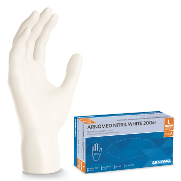 ARNOMED Nitril White Einmalhandschuhe, puderfrei, weiß 1 Packung = 200 Stück, Größe L - Bild-Darstellung des Produktes 1