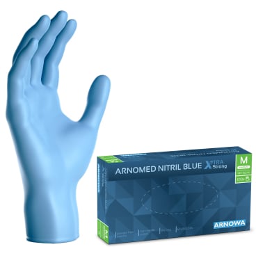 ARNOMED Nitril Blue XTRA STRONG Einmalhandschuhe, puderfrei, blau 1 Karton = 10 Packungen à 100 Stück, Größe M - Bild-Darstellung des Produktes 1