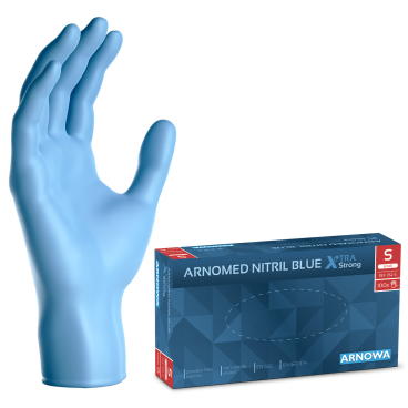 ARNOMED Nitril Blue XTRA STRONG Einmalhandschuhe, puderfrei, blau 1 Karton = 10 Packungen à 100 Stück, Größe S - Bild-Darstellung des Produktes 1