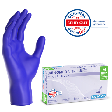 ARNOMED Nitril XTRA PURE Einmalhandschuhe, puderfrei, violett 1 Karton = 10 Packungen à 100 Stück, Größe M - Bild-Darstellung des Produktes 1