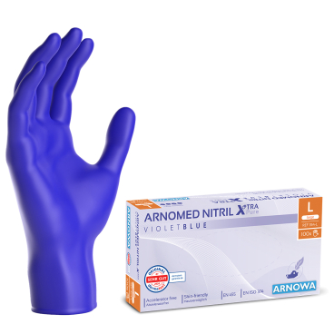 ARNOMED Nitril XTRA PURE Einmalhandschuhe, puderfrei, violett 1 Karton = 10 Packungen à 100 Stück, Größe L - Bild-Darstellung des Produktes 1