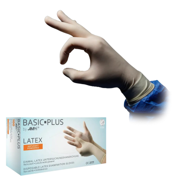 BASIC-PLUS Latexhandschuhe, gepudert, weiß 1 Karton = 10 Packungen à 100 Stück, Größe L - Bild-Darstellung des Produktes 1