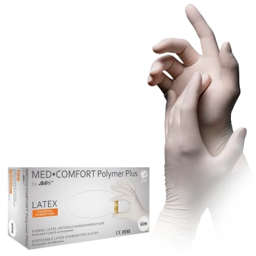 MED-COMFORT Polymer Plus Latexhandschuhe, puderfrei, beige 1 Packung = 100 Stück, Größe XS - Bild-Darstellung des Produktes 1