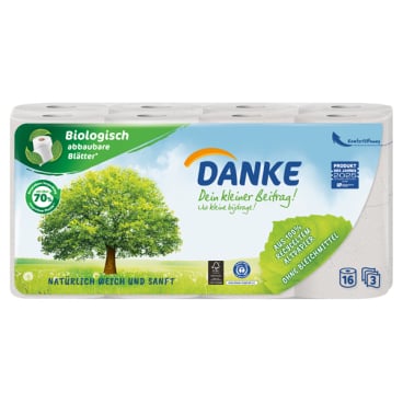 Danke Toilettenpapier, 3-lagig, weiß 1 Packung = 16 Rollen à 150 Blatt - Bild-Darstellung des Produktes 1