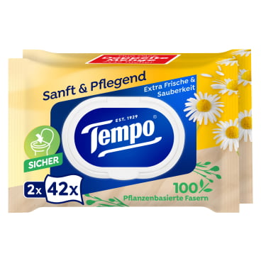 Tempo sanft & pflegend feuchte Toilettentücher 1 Doppel-Packung = 2 x 42 Tücher, mit Verschluss - Bild-Darstellung des Produktes 1