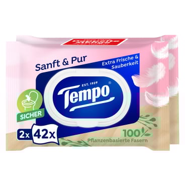 Tempo sanft & pur feuchte Toilettentücher 1 Doppel-Packung = 2 x 42 Tücher, mit Verschluss - Bild-Darstellung des Produktes 1