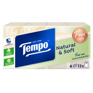 Tempo natural & soft Taschentücher 1 Packung = 12 x 9 Tücher = 108 Tücher - Bild-Darstellung des Produktes 1
