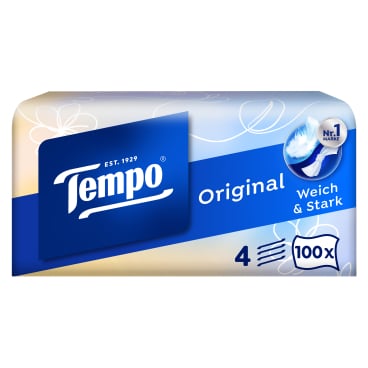 Tempo Taschentuchbox Original, 4-lagig 1 Packung = 100 Tücher, Designs sortiert - Bild-Darstellung des Produktes 1