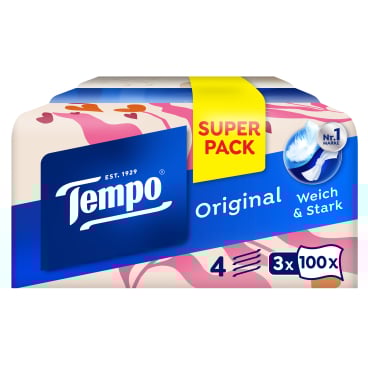 Tempo Taschentuchbox Original, 4-lagig 1 Packung = 3 x 100 Blätter, Designs sortiert - Bild-Darstellung des Produktes 1