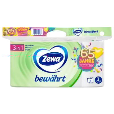 Zewa Bewährt Toilettenpapier, 3-lagig mit Strohanteil 1 Packung = 8 Rollen à 150 Blatt - Bild-Darstellung des Produktes 1