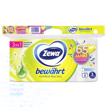 Zewa Bewährt Toilettenpapier, 3-lagig, Kamille & Aloe Vera 1 Packung = 8 Rollen à 150 Blatt - Bild-Darstellung des Produktes 1