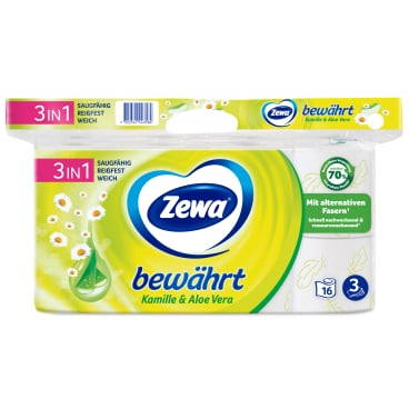 Zewa Bewährt Toilettenpapier, 3-lagig, Kamille mit Strohanteil 1 Packung = 16 Rollen à 150 Blatt - Bild-Darstellung des Produktes 1