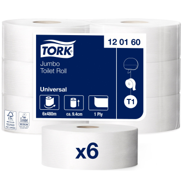 Tork Jumbo Toilettenpapierrolle T1 Universal, 1-lagig, weiß 1 Paket = 6 Rollen à 480 Meter - Bild-Darstellung des Produktes 1