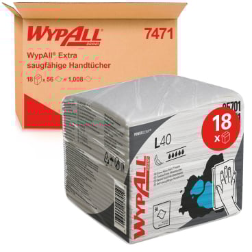 WypAll® L40 Wischtücher, 1-lagig, weiß 1 Karton = 18 Packungen à 56 Tücher = 1.008 Tücher - Bild-Darstellung des Produktes 1