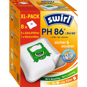 Swirl® PH 86/96 EcoPor® Staubsaugerbeutel, Staubverschluss 1 Packung = 8 Beutel, 2 Abluftfilter, 1 Motorfilter - Bild-Darstellung des Produktes 1