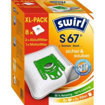 Swirl® S 67 EcoPor® XL Staubsaugerbeutel, Vorteilspack 1 Packung = 8 Beutel, 2 Abluftfilter, 1 Motorfilter - Bild-Darstellung des Produktes 1