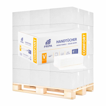 Fripa Papierhandtücher COMFORT, V-Falz, 25 x 23 cm 1 Palette = 28 Kartons à 3200 Blatt = 89600 Blatt - Bild-Darstellung des Produktes 1