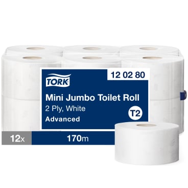 Tork Mini Jumbo Toilettenpapier T2 Advanced, 2-lagig, weiß 1 Paket = 12 Rollen à 170 Meter - Bild-Darstellung des Produktes 1