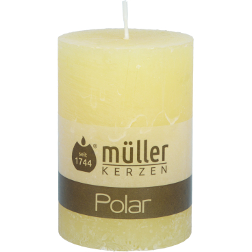 Müller Kerzen Polar Stumpenkerzen, 68 x 100 mm, Raureif-Effekt 1 Packung = 4 Stück, Farbe: sonnengelb - Bild-Darstellung des Produktes 1