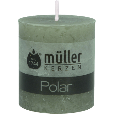 Müller Kerzen Polar Stumpenkerzen, 68 x 75 mm, Raureif-Effekt 1 Packung = 4 Stück, Farbe: efeugrün - Bild-Darstellung des Produktes 1