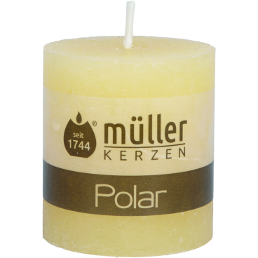 Müller Kerzen Polar Stumpenkerzen, 68 x 75 mm, Raureif-Effekt 1 Packung = 4 Stück, Farbe: sonnengelb - Bild-Darstellung des Produktes 1