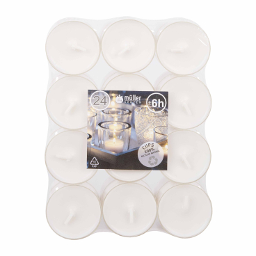 Müller Kerzen Polar Teelichter Clear Cups, weiß, 24er Flatpack 1 Packung = 24 Stück - Bild-Darstellung des Produktes 1