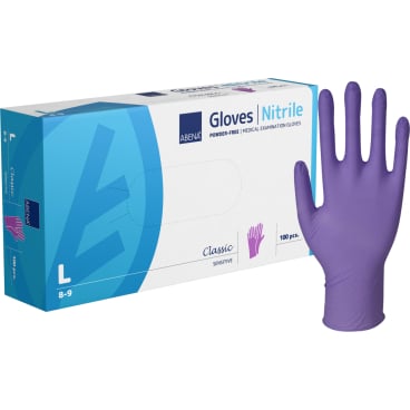 ABENA® Sensitive Nitril Einweghandschuhe, lila 1 Karton = 10 Packungen à 100 Stück, Größe L - Bild-Darstellung des Produktes 1