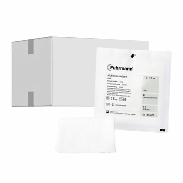Fuhrmann Mullkompressen steril 1 Karton = 12 Packungen = 1200 Stück, 7,5 x 7,5 cm - Bild-Darstellung des Produktes 1