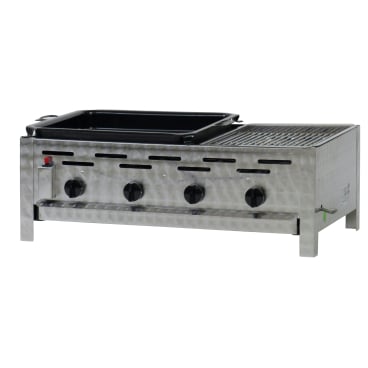 Gastrobräter, 4 Brenner je 4,5 kW, mit Grillrost u. emaill. Stahlpfanne, B 810 x T 530 x H 270 mm, inkl. Gewerbedruckregler u. Schlauchbruchsicherung 4 Brenner je 4,5 kW, mit Grillrost u. emaill. Stahlpfanne - Bild-Darstellung des Produktes 1