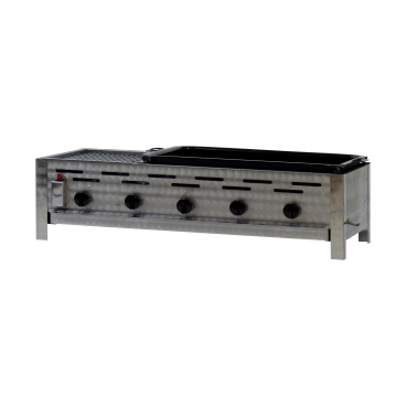 Gastrobräter, 5 Brenner je 3,6 kW, mit Grillrost u. emaill. Stahlpfanne, B 980 x T 530 x H 270 mm, inkl. Gewerbedruckregler u. Schlauchbruchsicherung 5 Brenner je 3,6 kW, mit Grillrost u. emaill. Stahlpfanne - Bild-Darstellung des Produktes 1