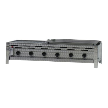 Gastrobräter, 6 Brenner je 3,6 kW, mit Grillrost und Stahlpfanne, B 1140 x T 530 x H 270 mm, inkl. Gewerbedruckregler u. Schlauchbruchsicherung 6 Brenner je 3,6 kW, mit Grillrost und Stahlpfanne - Bild-Darstellung des Produktes 1