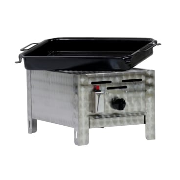 Gastrobräter, 1 Brenner 3,6 kW, mit Grillrost u. emaill. Stahlpfanne, B 340mm x T 530mm x H 270mm, inkl. Gewerbedruckregler u. Schlauchbruchsicherung 1 Brenner 3,6 kW, mit Grillrost u. emaill. Stahlpfanne - Bild-Darstellung des Produktes 1