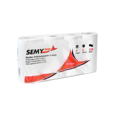 Semytop Toilettenpapier, 3-lagig, weiß 1 Karton = 8 Packungen à 8 x 250 Blatt - Bild-Darstellung des Produktes 1